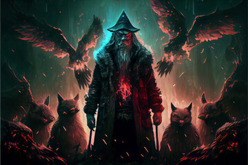 The wizard standing among his demonic wolves. Digital art style. Generative AI illustration