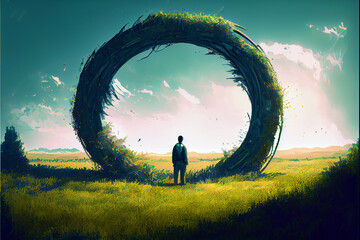 Lonely man standing and looking at a giant overgrown ring in a field. Digital art style. Generative AI illustration