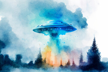 Fototapeta na wymiar UFO painted in cool watercolors With Generative AI