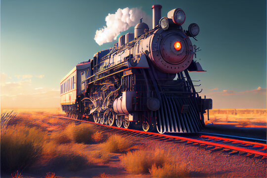 Classic transport train locomotive on blue sky background. Digital art style, generative AI illustration