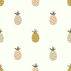 Cute fruit pattern with pineapples. Seamless kids print in Boho style. Cartoon design for the decoration of the nursery, textiles, catering. Hand drawn vector pineapples in pastel colors.