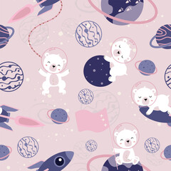 Seamless pattern cute kawaii cartoon bear in space. Bear astronaut, star, planet, rocket - Space bear adventure