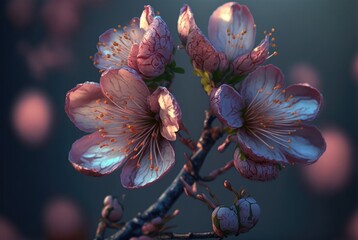 Imaginative early spring season cherry blossom flowers blooming, mesmerizing colors of soft pastel pink and cold blue with soft bokeh background - generative AI illustration