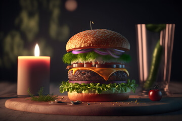 hamburger background served table by candlelight, 3d render, modern design, ai prompt