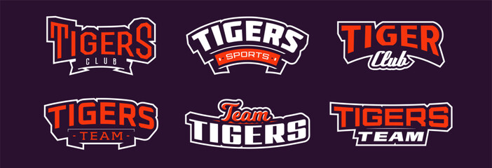 A set of bold fonts for tiger mascot logo. Collection of text style lettering for esports, mascot logo, sports team, college club logo. Font on ribbon. Vector illustration isolated on background