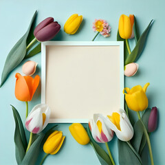 Tulip Flat Lay around Blank Frame on Light Blue Background, created by Generative AI