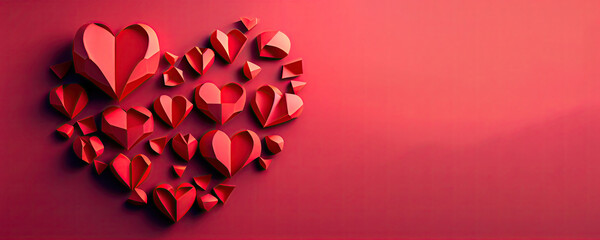 Paper art Valentine's day concept banner with handmade gift box, paper cut ribbon, minimal panorama background. Generative AI.