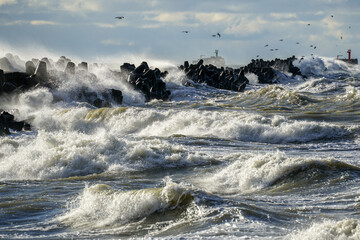 Coastal storm in the Baltic Sea, big waves crash against the harbor breakwater, breaking wave - obrazy, fototapety, plakaty
