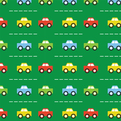 Colorful retro kids toy cars in rows pattern on green background design element
