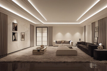 Large luxury modern elegant interiors Living room mockup. Modern style of furniture decoration. Generative AI illustration.