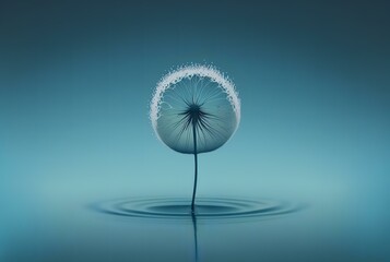 single dandelion seed in the centre of a water droplet on a blue background (AI Generated)