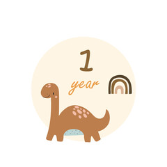 1 one year Baby month anniversary card metrics. Baby shower print with cute animal dino all special moments. Baby milestone card for newborn.