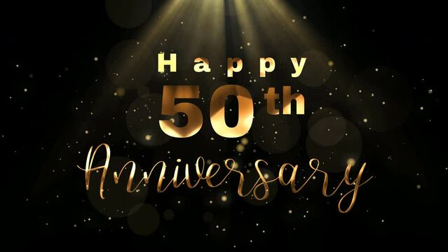 Happy 50th Anniversary animation text in gold color on particles glitter background. Suitables for anniversary greeting card. 4k video.