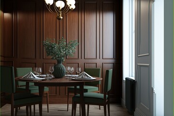 Dining Room Interior Design Woodland Haven Series: Soft white walls with stained wood paneling and furniture, earthy greens and browns for accent. Generative AI
