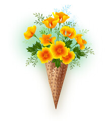 Waffle Cone with California Poppy with glowing