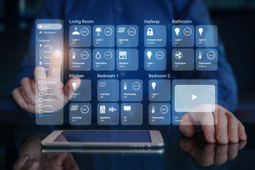 Person using smart home dashboard interface to control connected devices and set up automations....