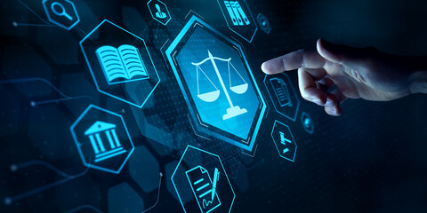 Legal advice for digital technologies, business, finance, intellectual property. Legal advisor, corporate lawer, attorney service. Laws and regulations. Finger touching button with justice scale icon.