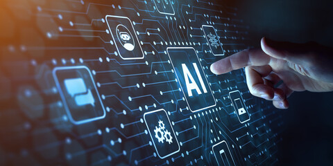 Artificial intelligence and machine learning technology with finger touching AI processor on...