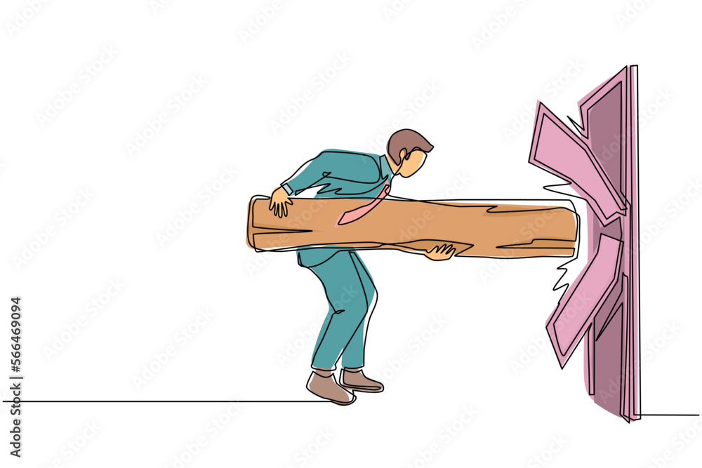 Poster continuous one line drawing businessman holding large log and destroying door. overcome challenges, 
