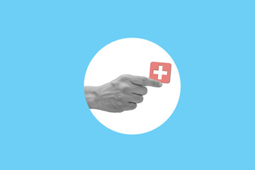 Man hands showing a medical cross icon isolated on a blue color background. abstact style. medical concept. Modern design