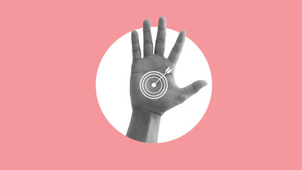 Man hands showing a goal target icon isolated on a pink color background. abstact style. buisness concept. Modern design