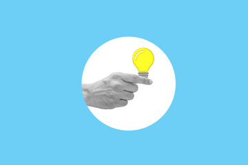 Man hands showing a yellow light bulb icon isolated on a blue color background. idea concept with innovation and inspiration. 3d contemporary art. Modern design