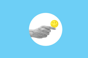 Man hands showing a yellow smile icon isolated on a blue color background. Trendy abstact collage in magazine style. 3d contemporary art. Modern design