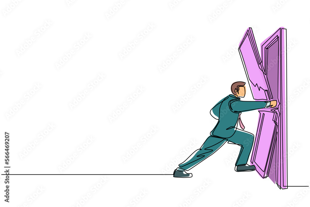 Poster continuous one line drawing businessman punching and destroying door. depicts eliminating barrier of