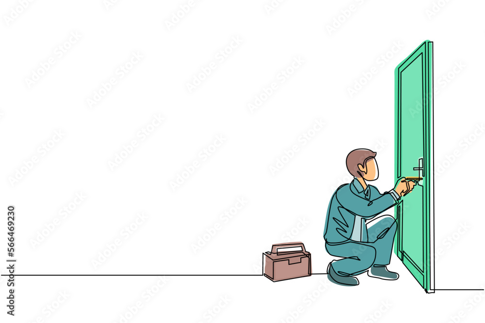 Poster continuous one line drawing businessman prying doorknob with screwdriver. man repair broken handle d
