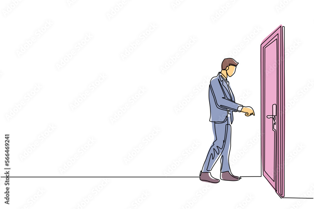 Poster continuous one line drawing businessman inserts the key into the keyhole which is on the door. man o