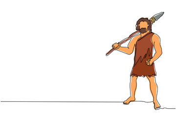 Single continuous line drawing prehistoric man holding stone spear on shoulders. Primitive person hunt. Stone age hunter. Man hunting an ancient animal with stone spear. One line draw design vector