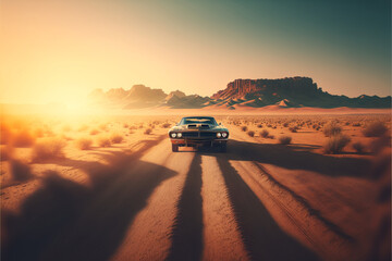 Fototapeta na wymiar muscle car on desert road, Generative AI