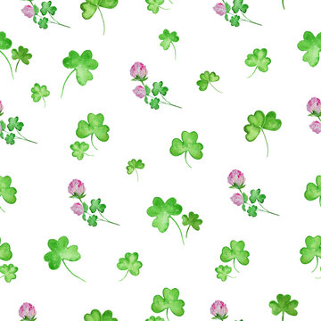 Watercolor seamless pattern for St. Patrick Day. Hand drawn clover  illustration isolated on white background.