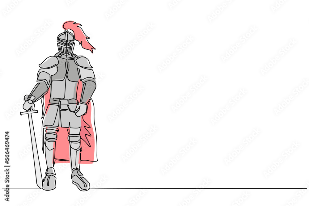 Poster continuous one line drawing medieval knight in armor, cape and helmet with feather. warrior of middl