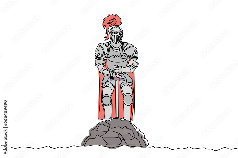 Poster single one line drawing medieval knight in armor, cape, helmet with feather. warrior of middle ages 