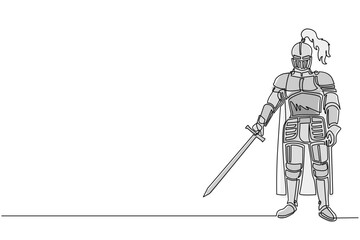 Fototapeta premium Single one line drawing medieval knight in armor, cape, helmet with feather. Warrior of middle ages standing, holding sword. Medieval heraldry symbol. Continuous line draw design vector illustration