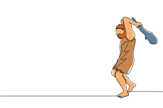 Single continuous line drawing caveman holding and raised cudgel overhead. Prehistoric man hunter. Ancient man is hunting animal for food. Dynamic one line draw graphic design vector illustration