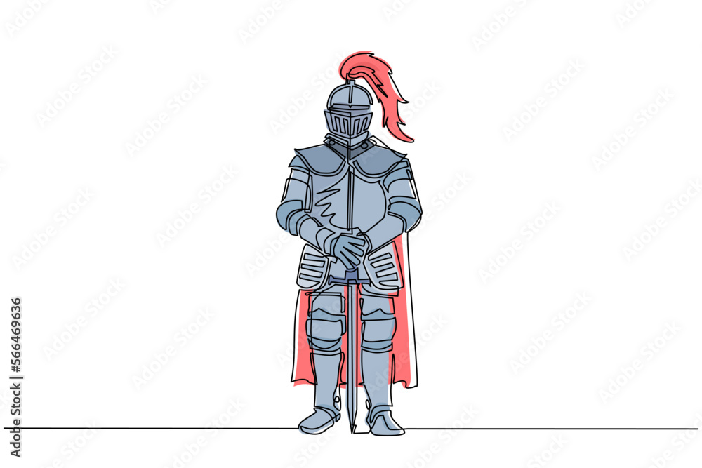 Poster continuous one line drawing medieval knight in armor, cape and helmet with feather. warrior of middl