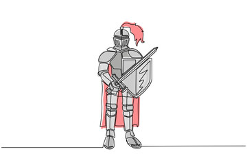 Single continuous line drawing medieval knight in armor, cape, helmet with feather. Warrior of middle ages standing and holding sword and shield. Chivalry figure. One line draw design graphic vector