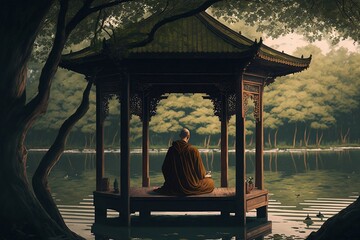 Monk sitting and meditating in gazebo on the nature around, AI Generative