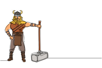 Single continuous line drawing male viking with strong physique and bellicose air stands holding hammer. Norseman warrior wearing horned helmet with beard holding hammer. One line draw design vector