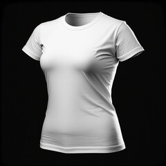 solid white color T-shirt women , product photo, isolated on a black background, AI assisted finalized in Photoshop by me