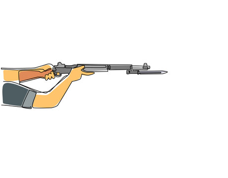 Continuous one line drawing hand holding M1 garand semi-automatic rifle with knife bayonet. British military action rifle with attached bayonet. Single line draw design vector graphic illustration
