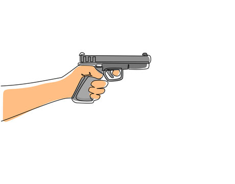 recommend clip art: Continuous one line drawing hand holding gun shooting. Powerful pistol handgun. Military army firearm ammunition. Police arm hand caliber weapon. Single line draw design vector graphic illustration