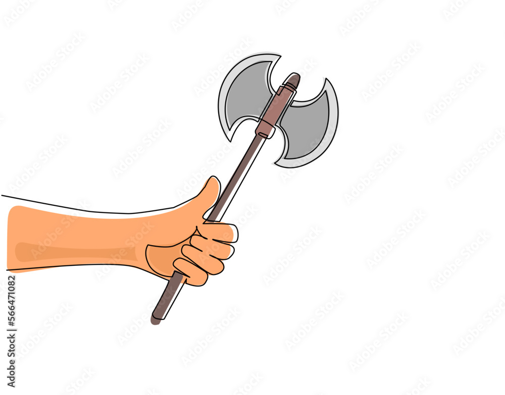 Poster single continuous line drawing hand holding battle axe with handle. broad axe, two-sided axe, mediev