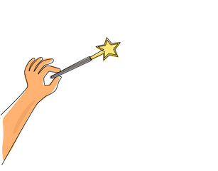 Single one line drawing hand holding magic wand. Decorative magic wand with magic trace. Star shape magic accessory. Magical girl cartoon power. Continuous line draw design graphic vector illustration
