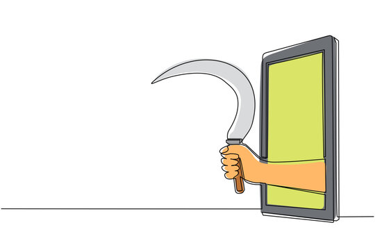 recommend clip art: Single continuous line drawing hand holding farm sickle through mobile phone. Concept of farming video games, e-sport, entertainment application for smartphones. One line draw graphic design vector