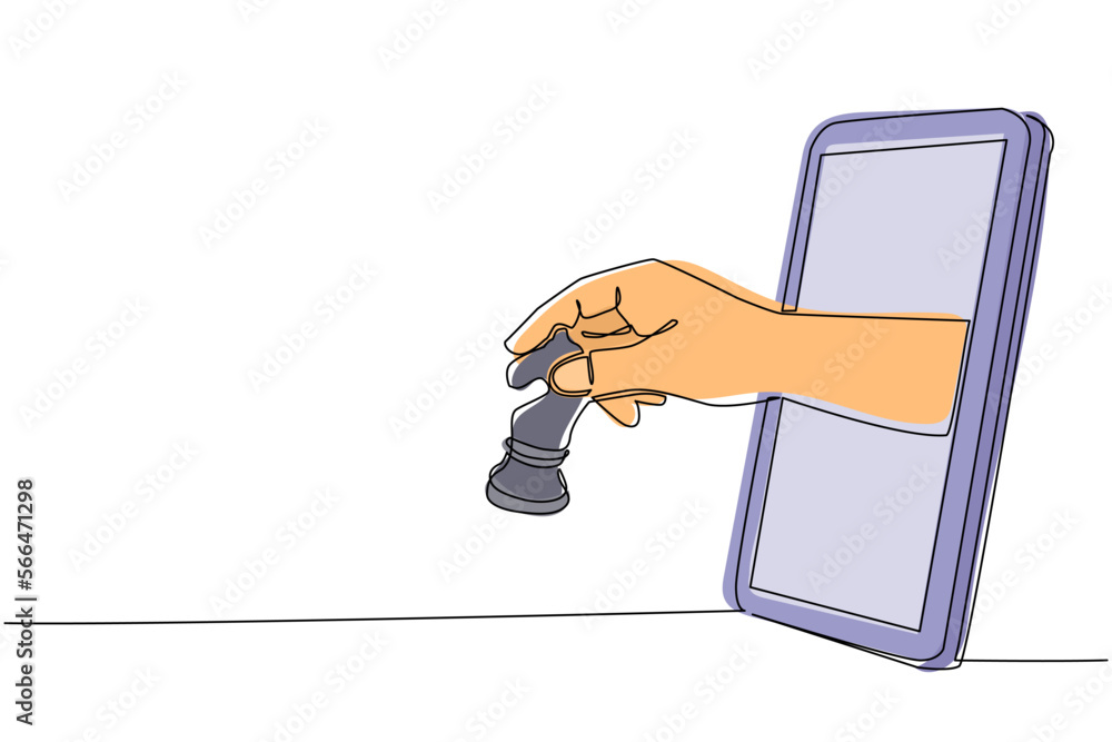 Poster single continuous line drawing player hand holds chess knight horse through mobile phone. smartphone