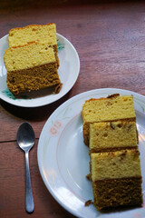 Stock photo of soft and sweet cake and some drinks
