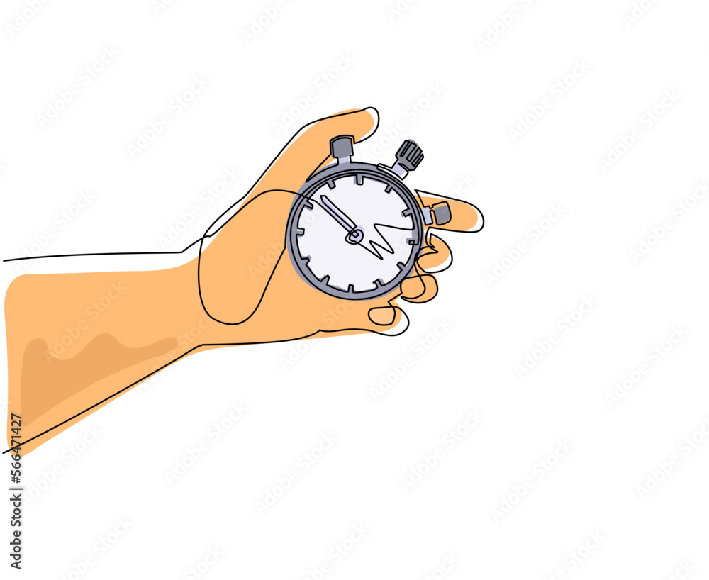 Poster single continuous line drawing human hand holding stopwatch. arrow, clock, meter. measurement and ti